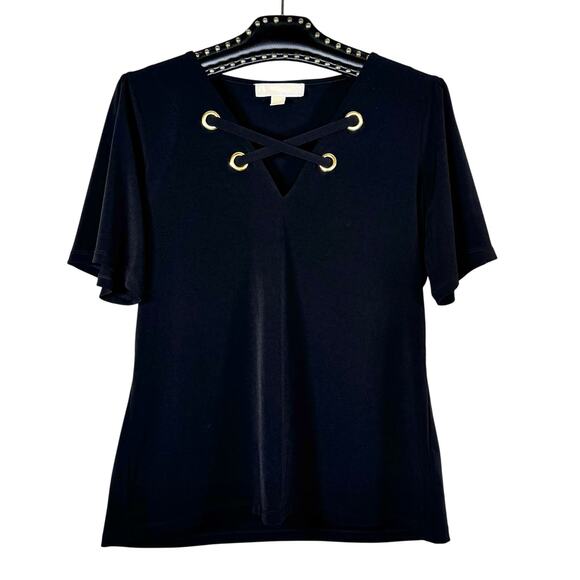 Michael Kors Black Grommet Short Sleeve Lace Up Top Medium - Picture 9 of 9